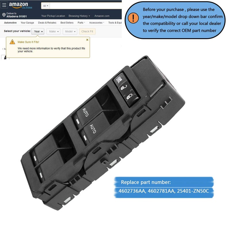 Partschoice Front Driver Side Power Window Master Control Switch Compatible with Jeep Grand Cherokee & 06-10 Chrysler 300 Replace # 4602736AA 4602781AA - Image 2